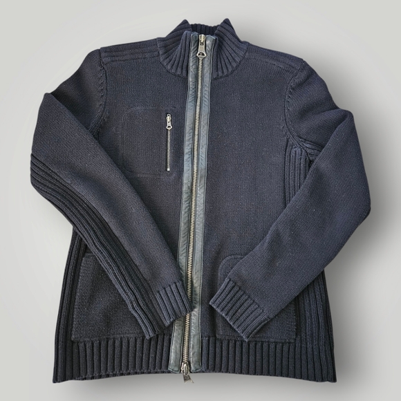 Lauren‎ Ralph Lauren Sweater Womens M Black Leather Trim Full Zip - Picture 1 of 7